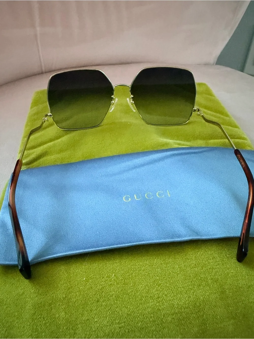 Gucci Women's Gold Frame Sunglasses with Dark Green Lenses